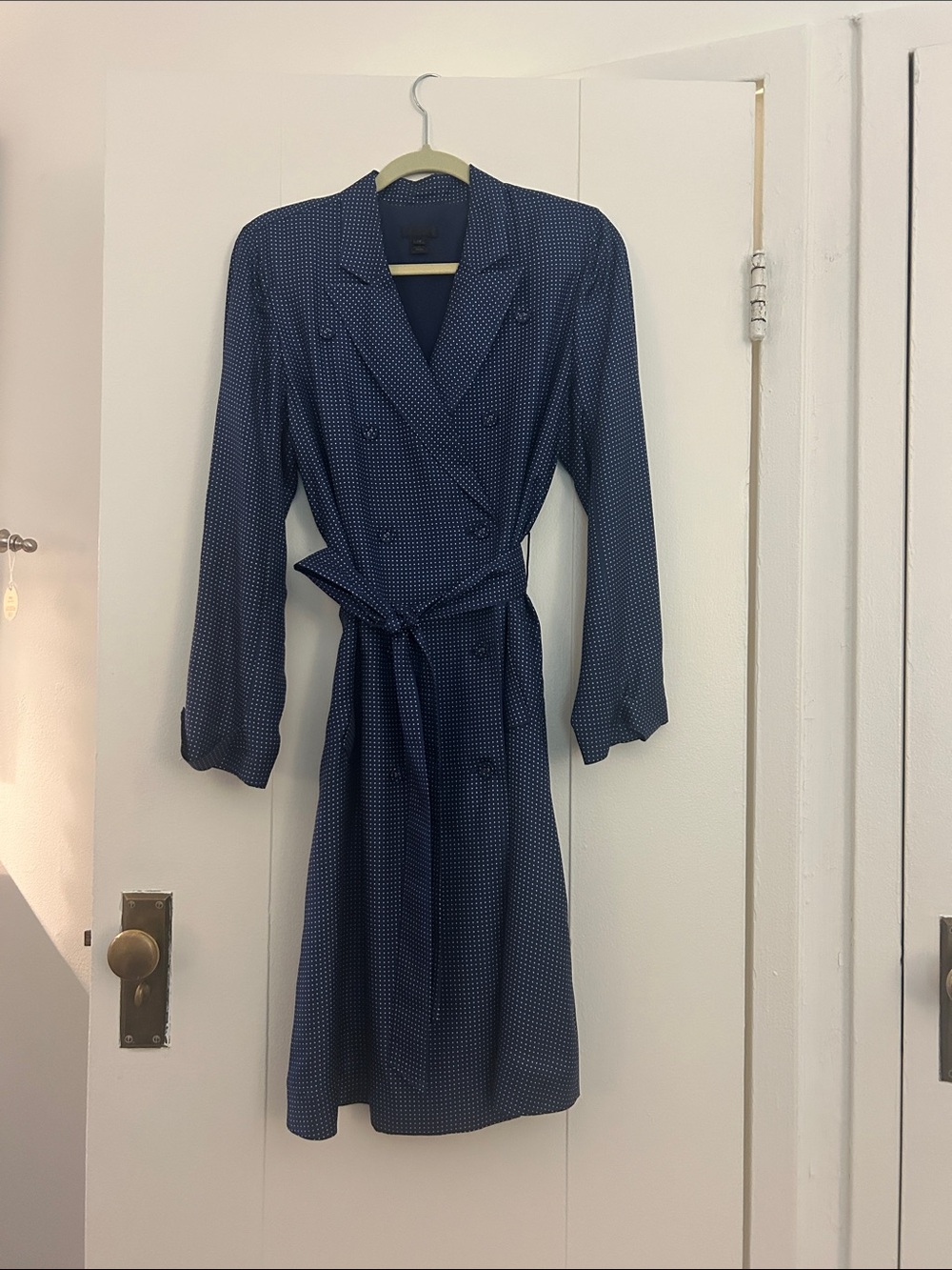 J. Crew Silk Navy/White Polkadot Double-Breasted Coat Dress with matching belt